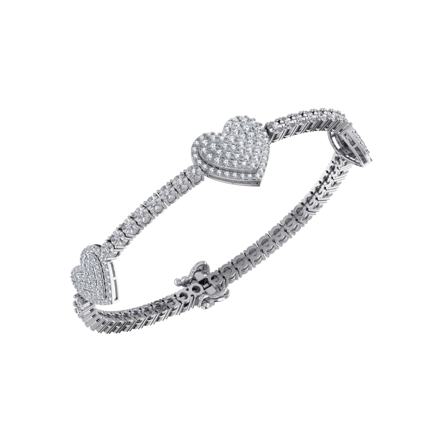 10K White Gold Round Diamond Heart Shape 7 Inch Bracelet 2 Cttw
