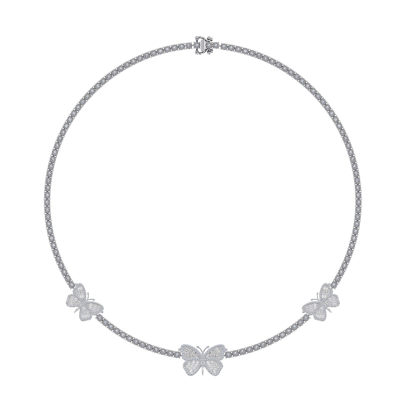 10K White Gold Round Baguette Diamond Butterfly Designer 18 Inch Necklace 1-7/8 Cttw