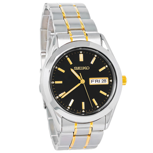 Seiko Essentials Mens Two Tone Stainless Steel Black Dial Quartz Watch SUR363