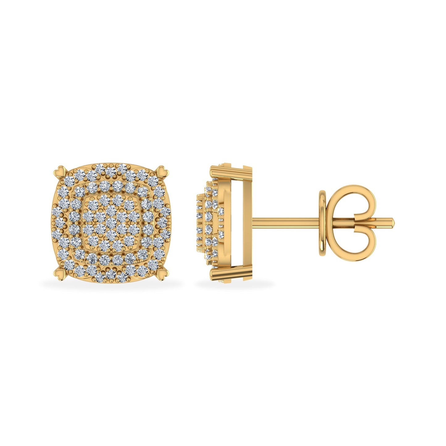 10K Yellow Gold Round Diamond Square Shape Designer Stud Earrings 1/3 Cttw