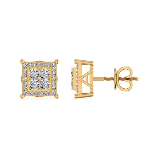 10K Yellow Gold Round Diamond Square Shape Stud Earrings 1/3 Cttw