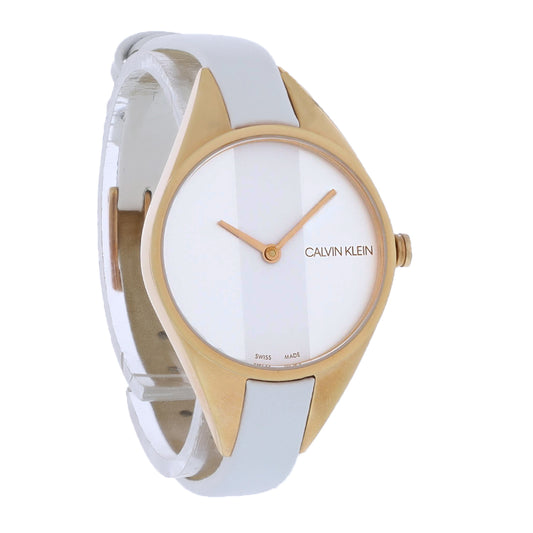 Calvin Klein Rebel Ladies Rose Gold PVD White Strap Quartz Watch K8P236L6