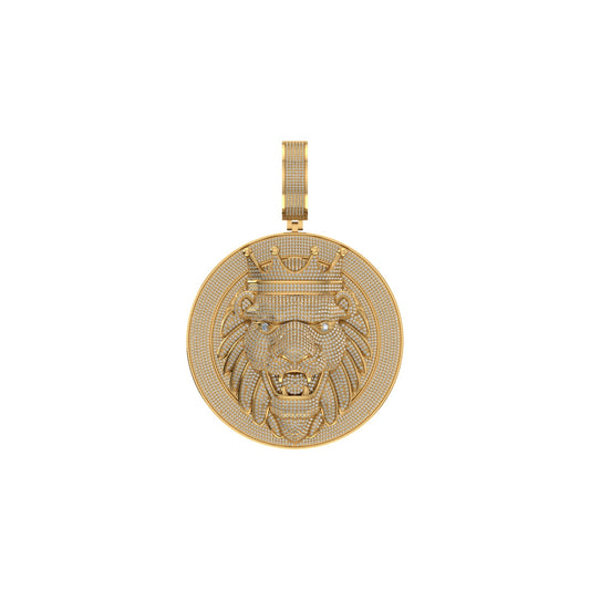 10K Yellow Gold Round Diamond Lion with Crown Pendant 2-5/8 Cttw
