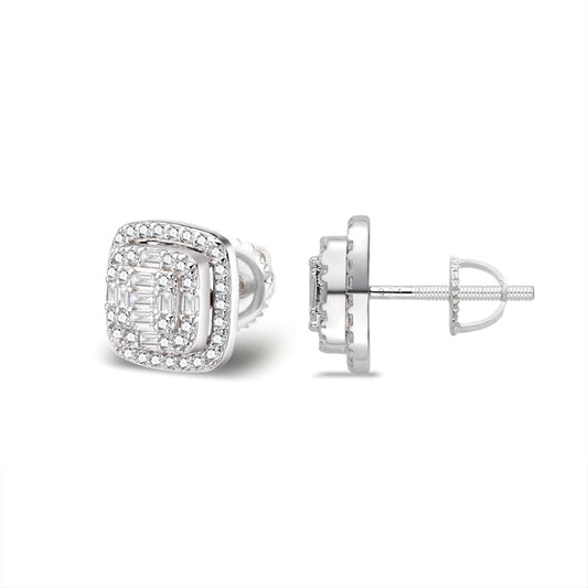 S.Silver Round Moissanite Square Shape Designer Stud Earrings RP 5/8 Cttw