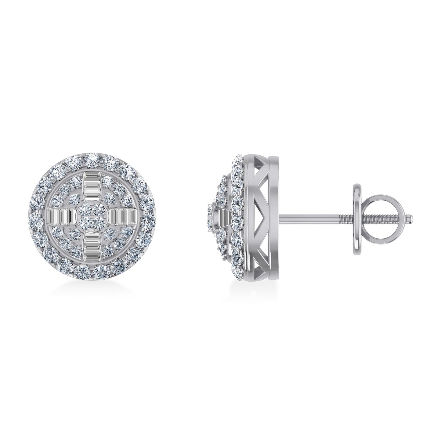 10K White Gold Round Baguette Diamond Round Shape Stud Earrings 1/3  Cttw