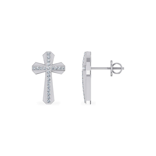 10K White Gold Round Diamond Cross Religious Stud Earrings 1/8 Cttw