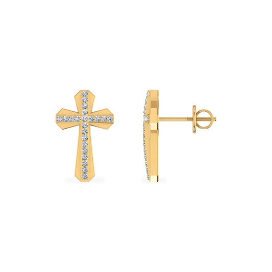 10K Yellow Gold Round Diamond Cross Religious Stud Earrings 1/8 Cttw