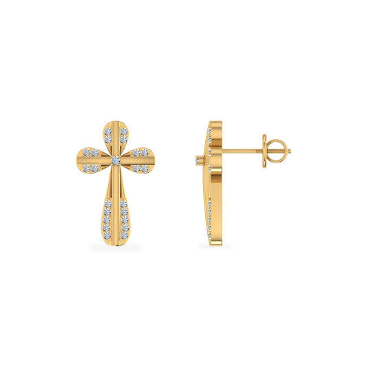 10K Yellow Gold Round Diamond Cross Religious Stud Earrings 1/8 Cttw
