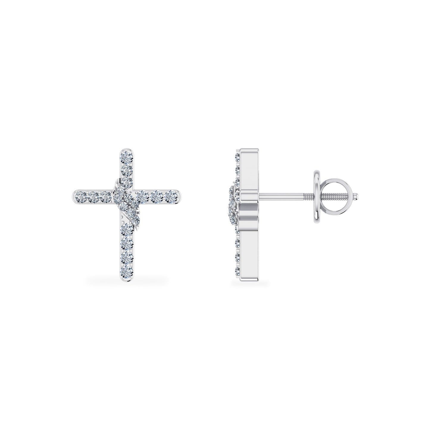 10K White Gold Round Diamond Cross Religious Stud Earrings 1/6 Cttw