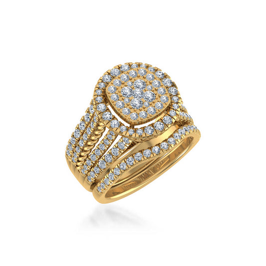 10K Yellow Gold Round Diamond Halo Big Bridal Cluster Ring 1-5/8 Cttw