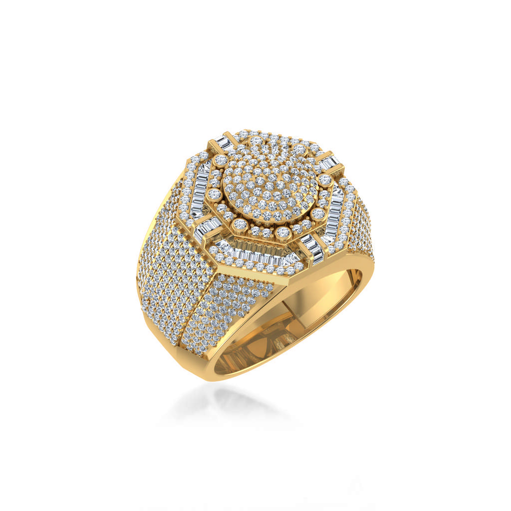10K Yellow Gold Round Baguette Diamond Halo Big Mens Ring 2-1/2 Cttw