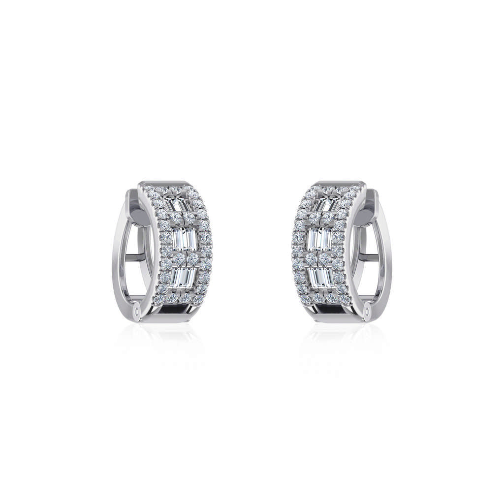 10K White Gold Womens Round Baguette Diamond Small Huggies Earrings 7/8 Cttw