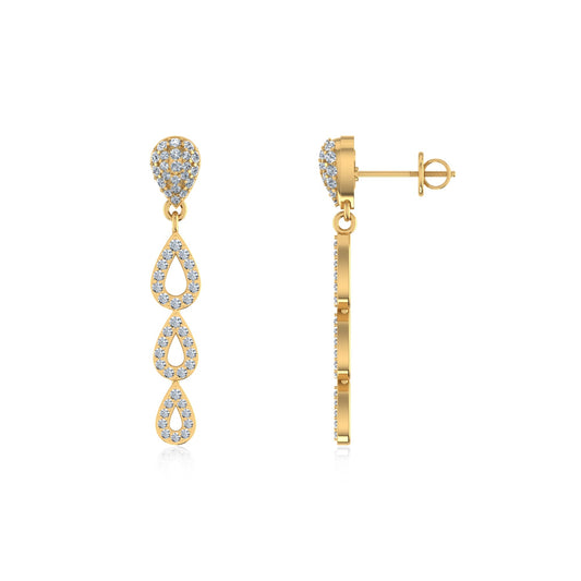 10K Yellow Gold Round Diamond Drop Shape Dangling Earrings 3/4 Cttw