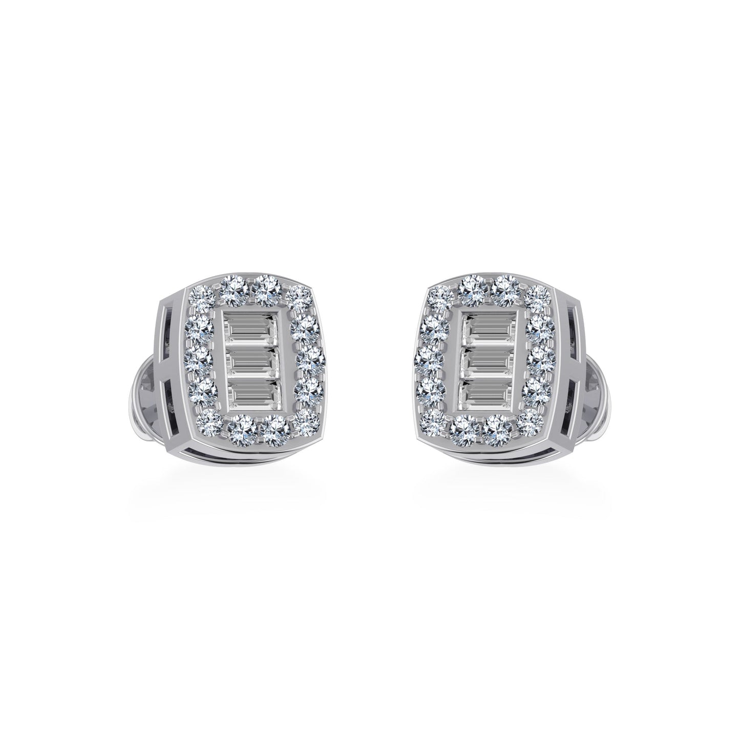 10K White Gold Round Baguette Diamond Square Shape Stud Earrings 1/5 Cttw