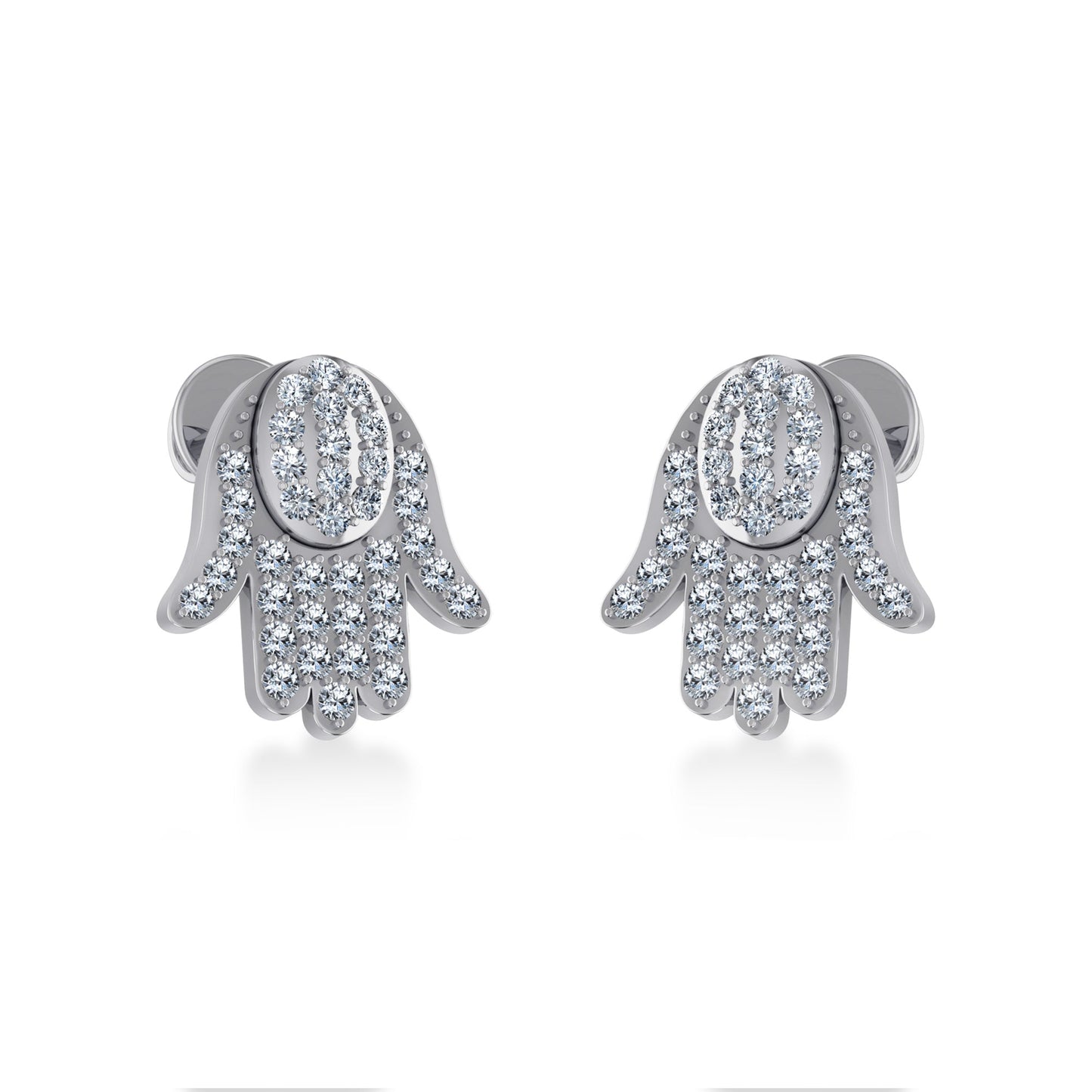 10K White Gold Round Baguette Diamond Hamza Hand Religious Stud Earring 1/5 Cttw