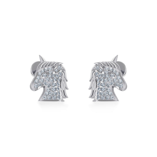 10K White Gold Round Diamond Horse Animal Designer Stud Earring 1/5 Cttw