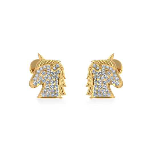 10K Yellow Gold Round Diamond Horse Animal Designer Stud Earring 1/5 Cttw