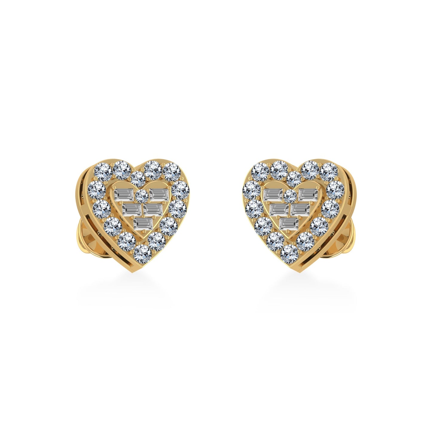 10K Yellow Gold Round Baguette Diamond Heart Shape Stud Earrings 3/8 Cttw