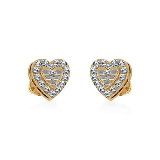 10K Yellow Gold Round Baguette Diamond Heart Shape Stud Earrings 3/8 Cttw