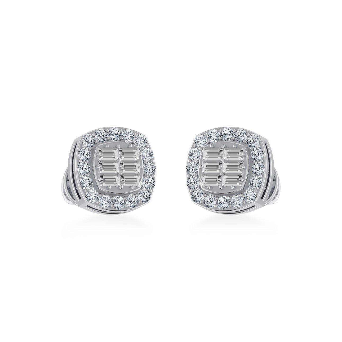 10K White Gold Round Baguette Diamond Stud Earring 1/3 Cttw