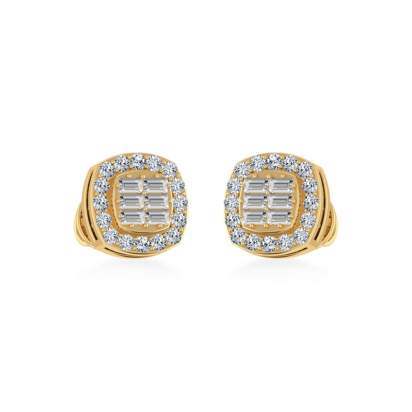 10K Yellow Gold Round Baguette Diamond Square Shape Stud Earrings 1/3 Cttw