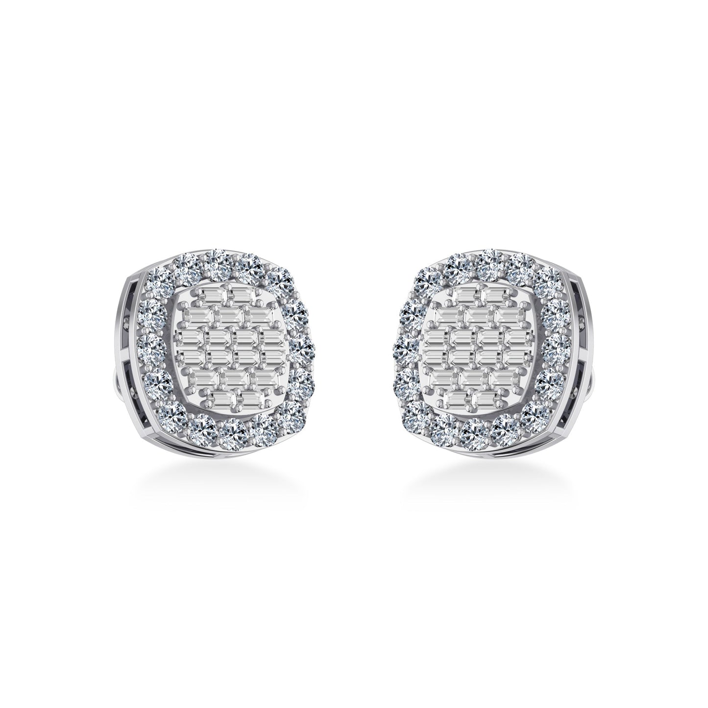 10K White Gold Round Baguette Diamond Stud Earring 1 Cttw