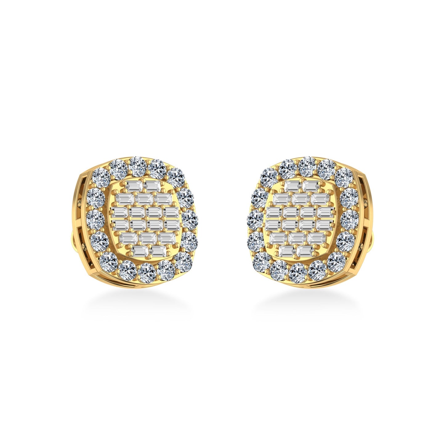 10K Yellow Gold Round Baguette Diamond Stud Earrings 1 Cttw
