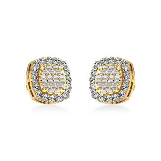 10K Yellow Gold Round Baguette Diamond Stud Earrings 1 Cttw