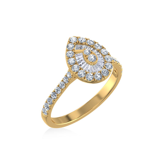 14K Yellow Gold Round Baguette Diamond Pear Shape Womens Designer Ring 3/4 Cttw