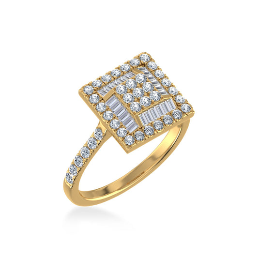 14K Yellow Gold Round Baguette Diamond Square Shape Womens Sz 7 Designer Ring 7/8 Cttw