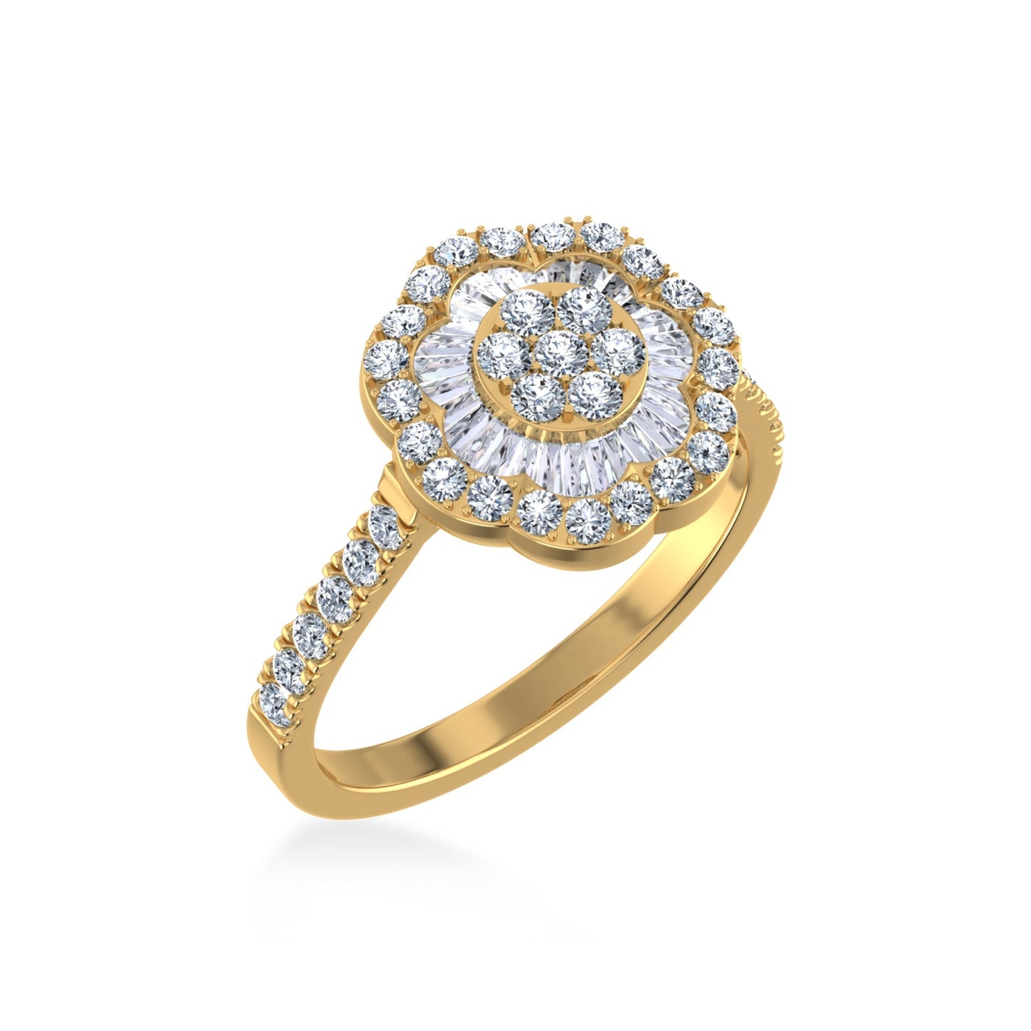 14K Yellow Gold Round Baguette Diamond Womens Designer Ring 7/8 Cttw