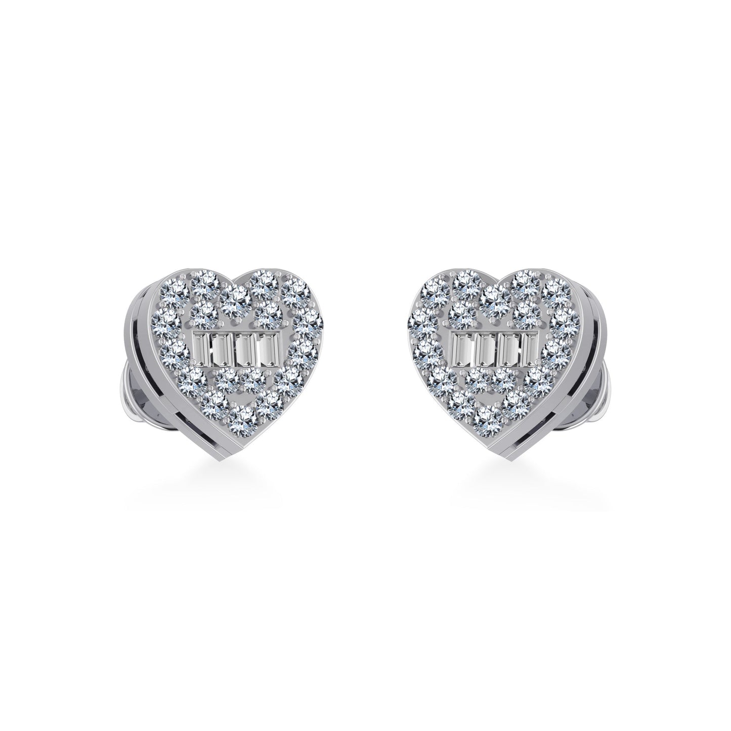 14K White Gold Round Baguette Diamond Heart Shape Cluster Stud Earring 1/5 Cttw