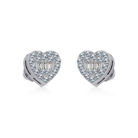 14K White Gold Round Baguette Diamond Heart Shape Cluster Stud Earring 1/5 Cttw