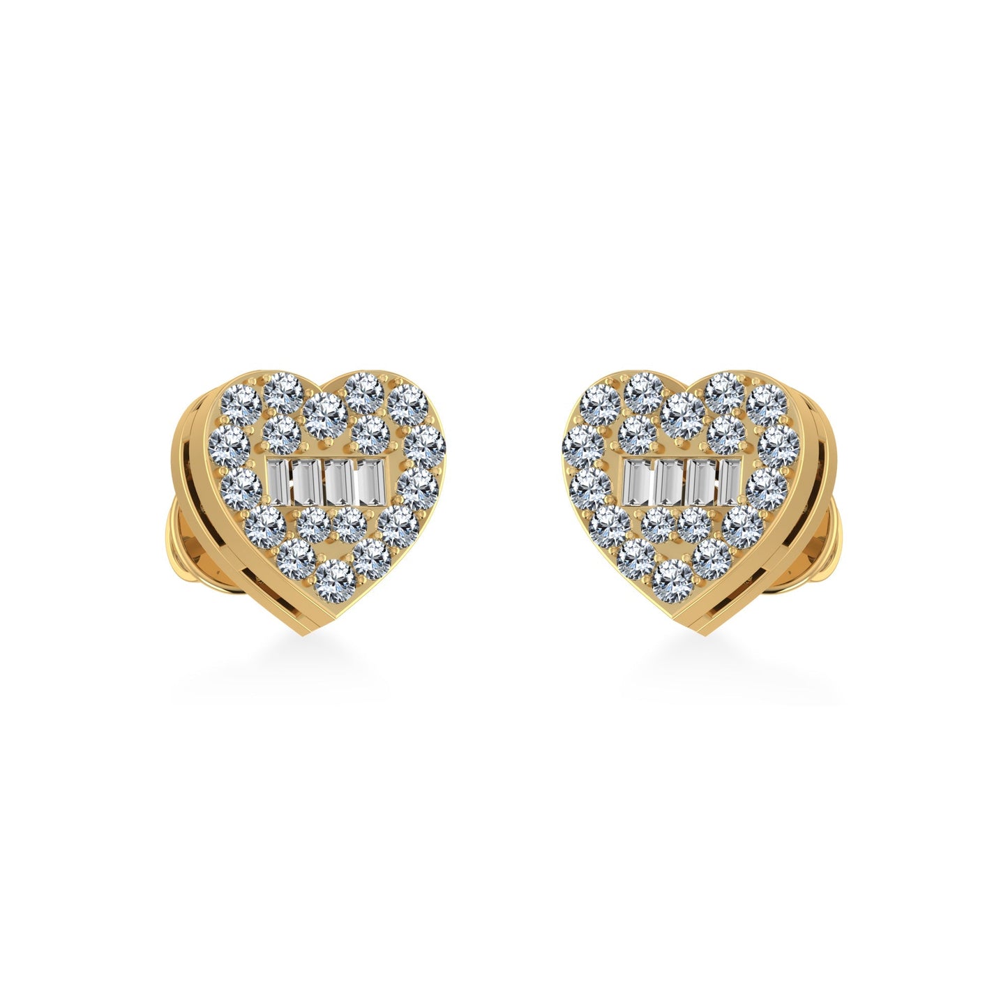 14K Yellow Gold Round Baguette Diamond Heart Shape Cluster Stud Earring 1/5 Cttw