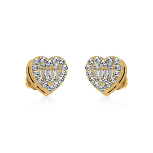 14K Yellow Gold Round Baguette Diamond Heart Shape Cluster Stud Earring 1/5 Cttw