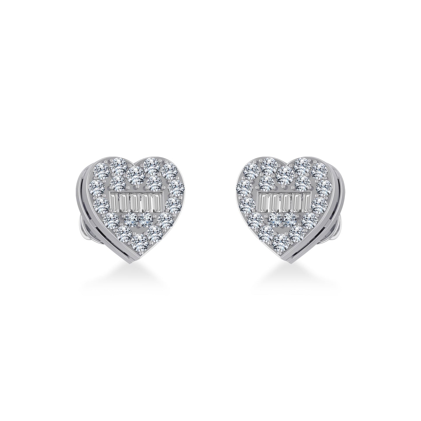 14K White Gold Round Baguette Diamond Heart Shape Cluster Stud EarRing 3/8 Cttw