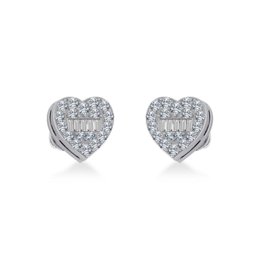 14K White Gold Round Baguette Diamond Heart Shape Cluster Stud EarRing 3/8 Cttw
