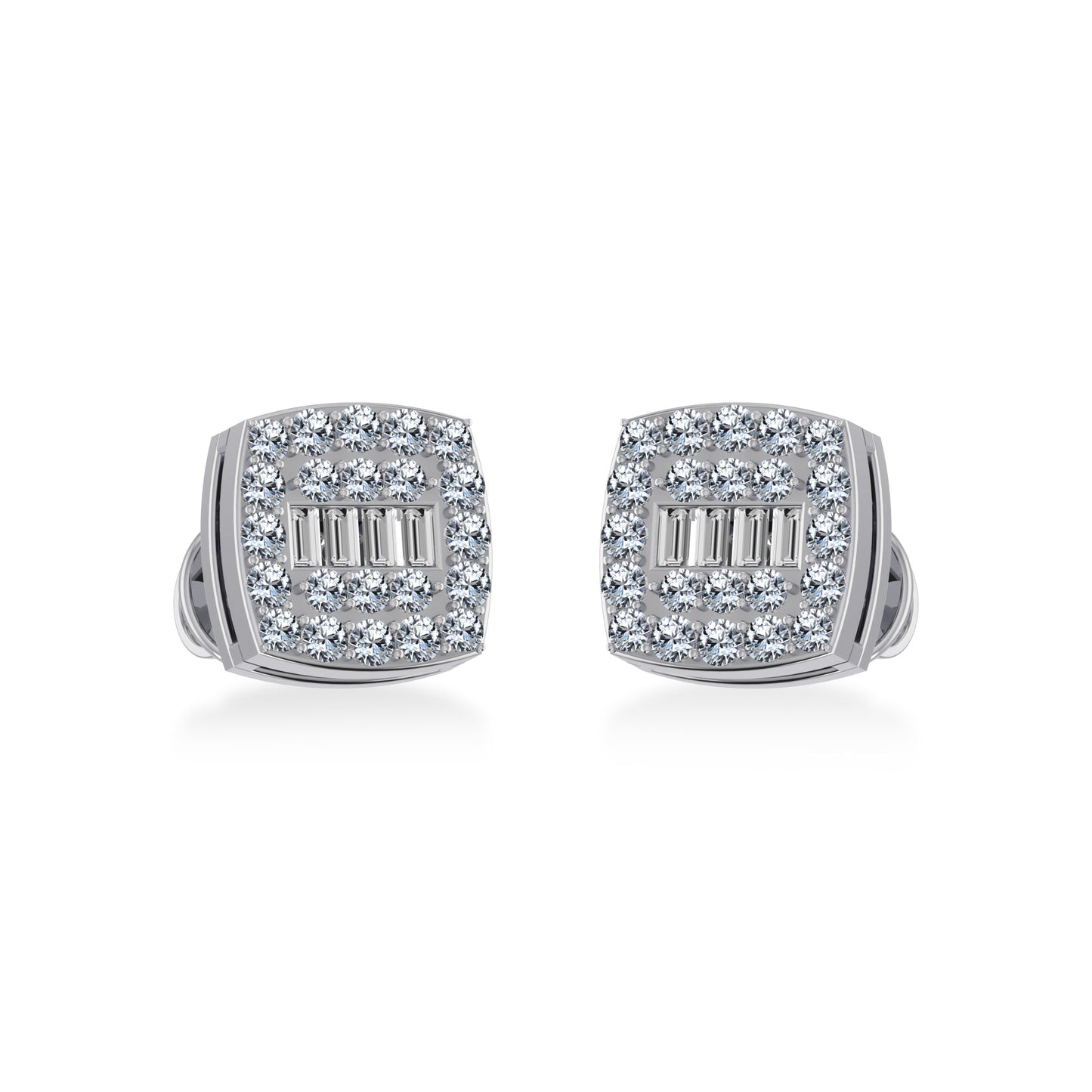 14K White Gold Round Baguette Diamond Square Shape Cluster Stud Earring 1/4 Cttw