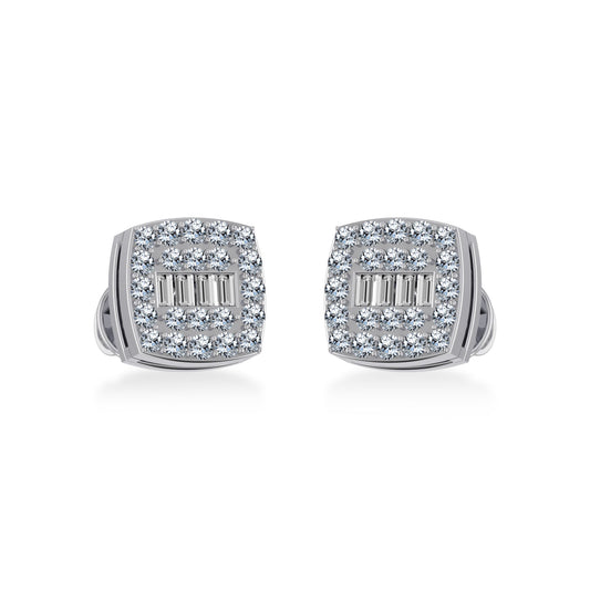 14K White Gold Round Baguette Diamond Square Shape Cluster Stud Earring 1/4 Cttw