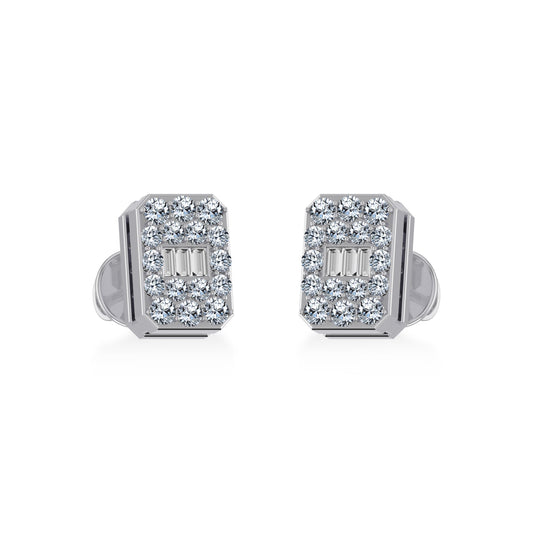 14K White Gold Baguette Diamond Emerald Shape Cluster Stud EarRing 1/5 Cttw