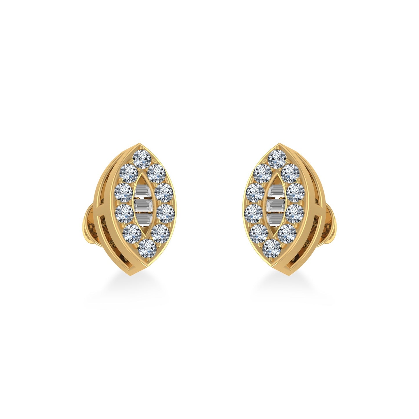 14K Yellow Gold Baguette Diamond Marquise Shape Cluster Stud EarRing 1/8 Cttw