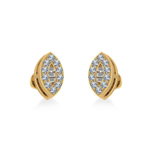 14K Yellow Gold Baguette Diamond Marquise Shape Cluster Stud EarRing 1/8 Cttw