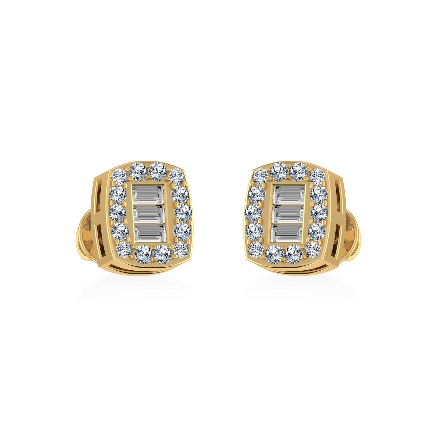 14K Yellow Gold Round Baguette Diamond Stud Earrings 1/5 Cttw