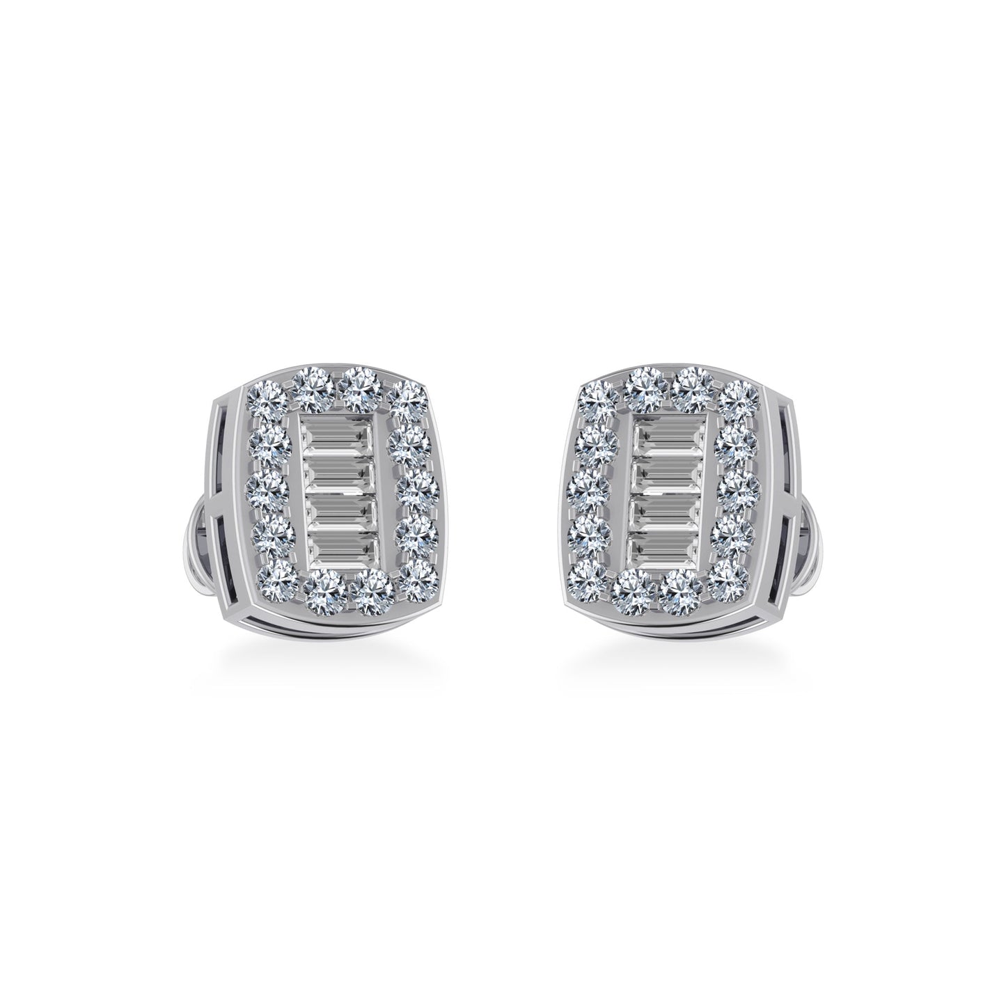 14K White Gold Round Baguette Diamond Stud Earring 3/8 Cttw