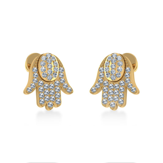 14K Yellow Gold Round Baguette Diamond Hamza Hand Religious Stud Earrings 1/5 Cttw