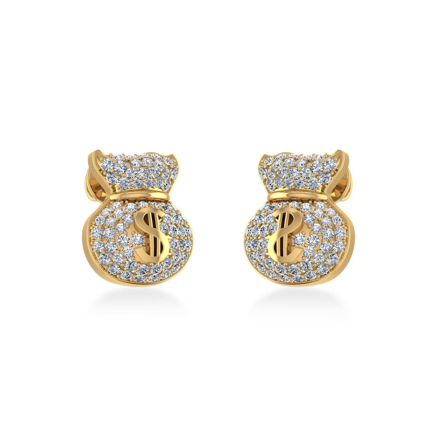 14K Yellow Gold Round Diamond Money Dollar Bag Designer Stud Earrings 1/6 Cttw