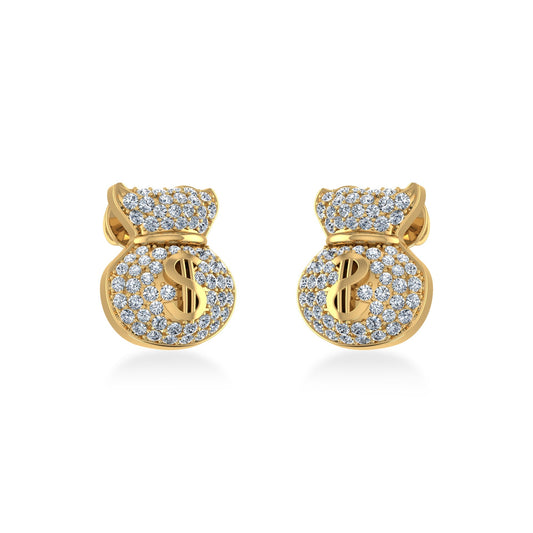 14K Yellow Gold Round Diamond Money Dollar Bag Designer Stud Earrings 1/6 Cttw