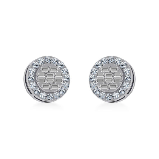 14K White Gold Round Baguette Diamond Halo Stud Earrings 1/2 Cttw