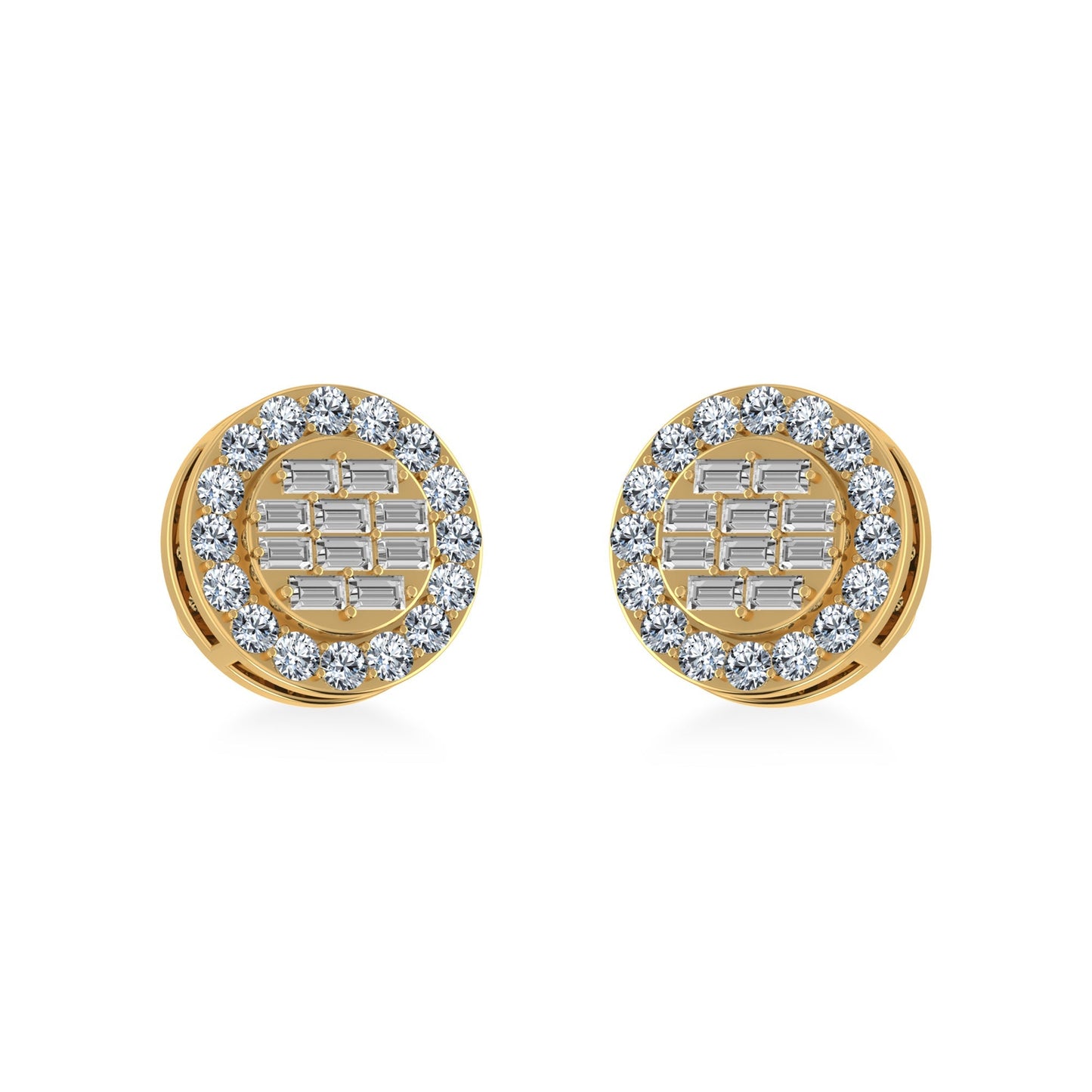 14K Yellow Gold Round Baguette Diamond Halo Stud Earrings 1/2 Cttw