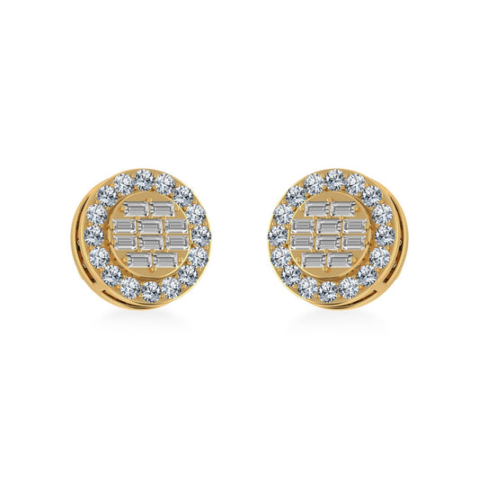 14K Yellow Gold Round Baguette Diamond Halo Stud Earrings 1/2 Cttw